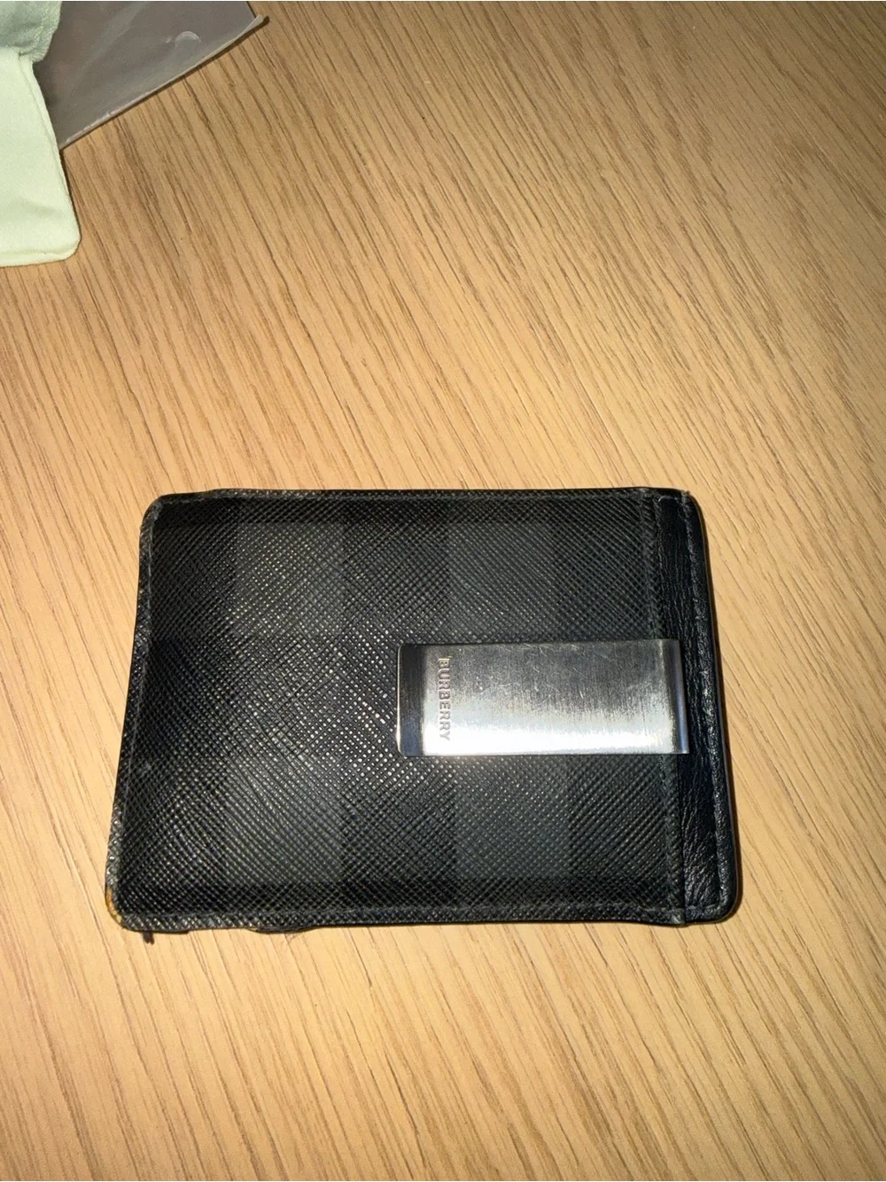 Burberry Black Check Leather Money Clip Wallet with Silver Clip